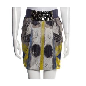 Yigal Azrouel Metallic Sequin Gray Yellow & Blue Draped Silk Pencil Skirt Small